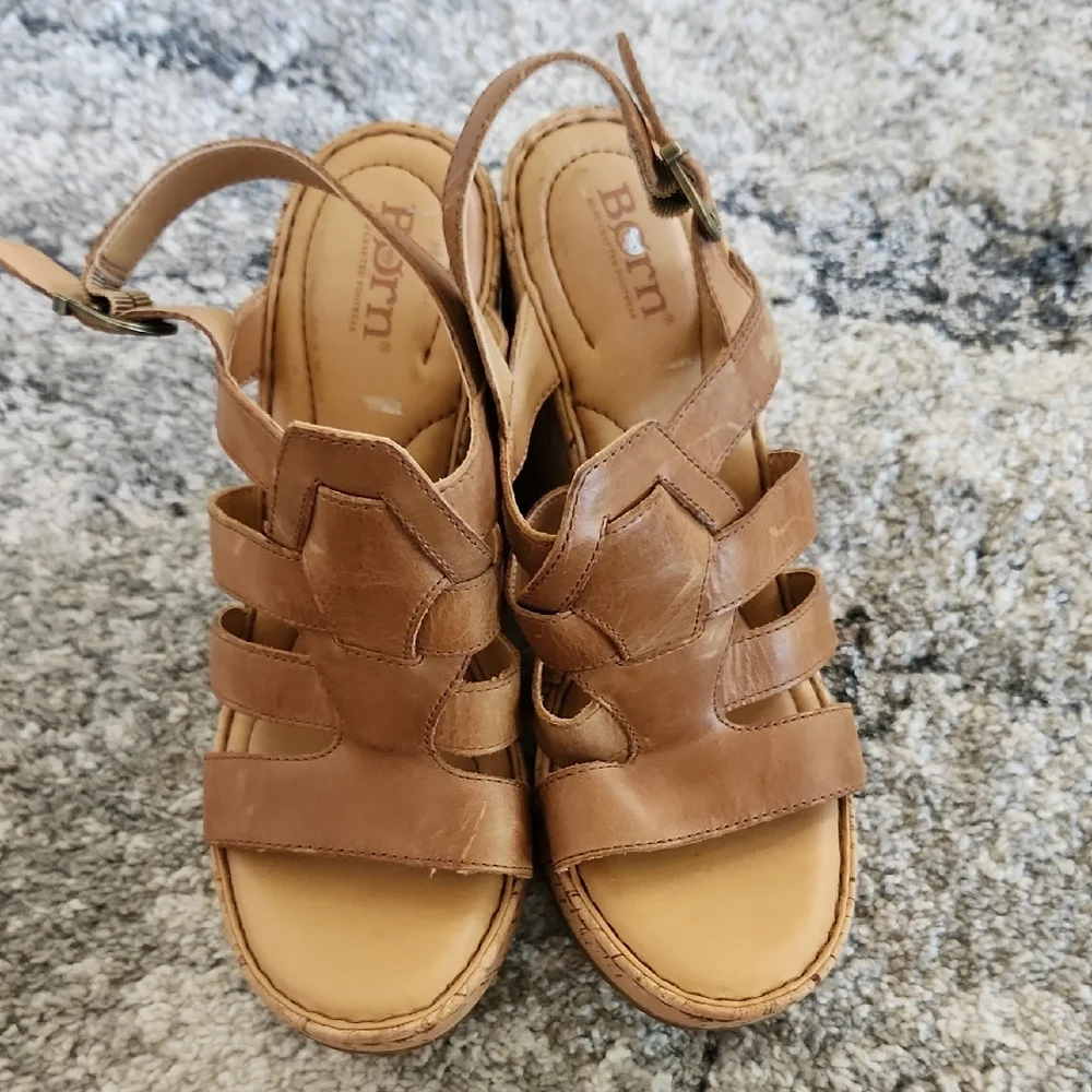 Born Tan Strappy Wedge Sandals with Cork Heel, Size‎ 9